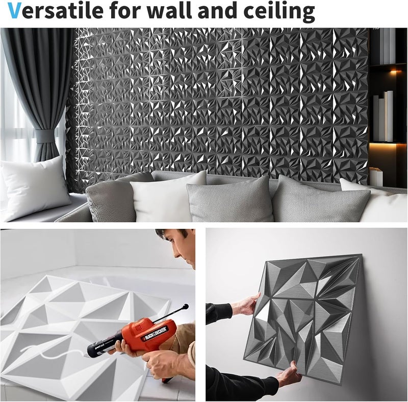 Art3d 33-Pack 3D Wall Panels - Diamond Textured Feature Paneling for Gaming, Living Room, TV Wall - 12 x 12 inch Silver - Image 5
